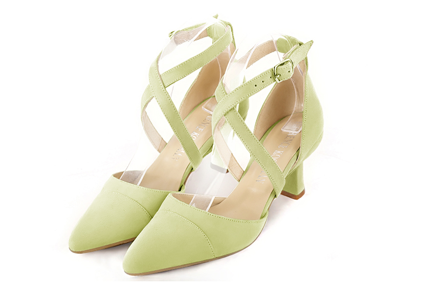 Meadow green women's open side shoes, with crossed straps. Tapered toe. Medium spool heels. Front view - Florence KOOIJMAN